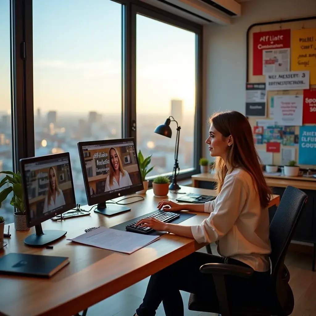 cursuri online de marketing afiliat prezentate pe un ecran de computer